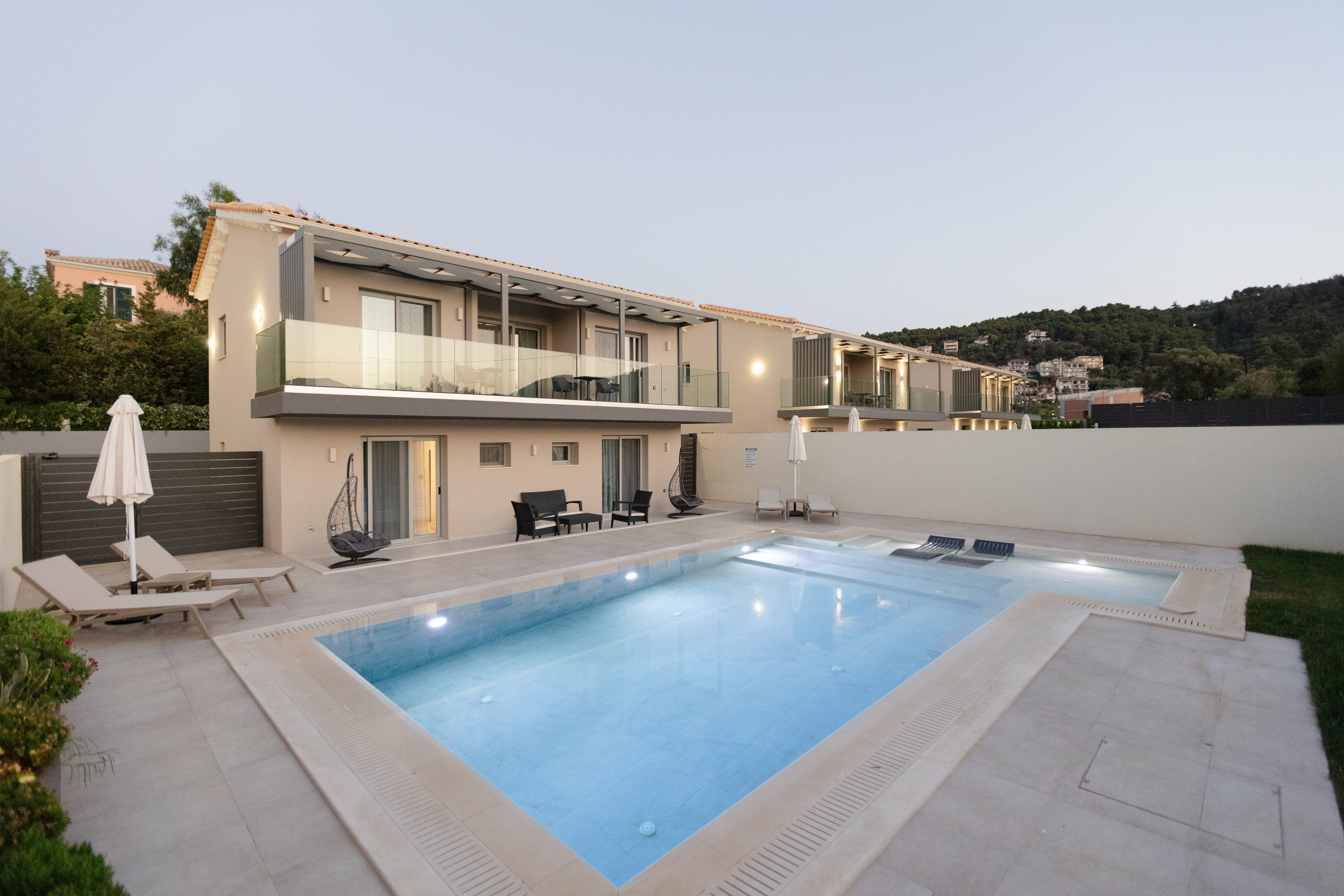 3 bedroom villa Lefkada with private pool at dusk — Villa II, III Infinity Lefkas