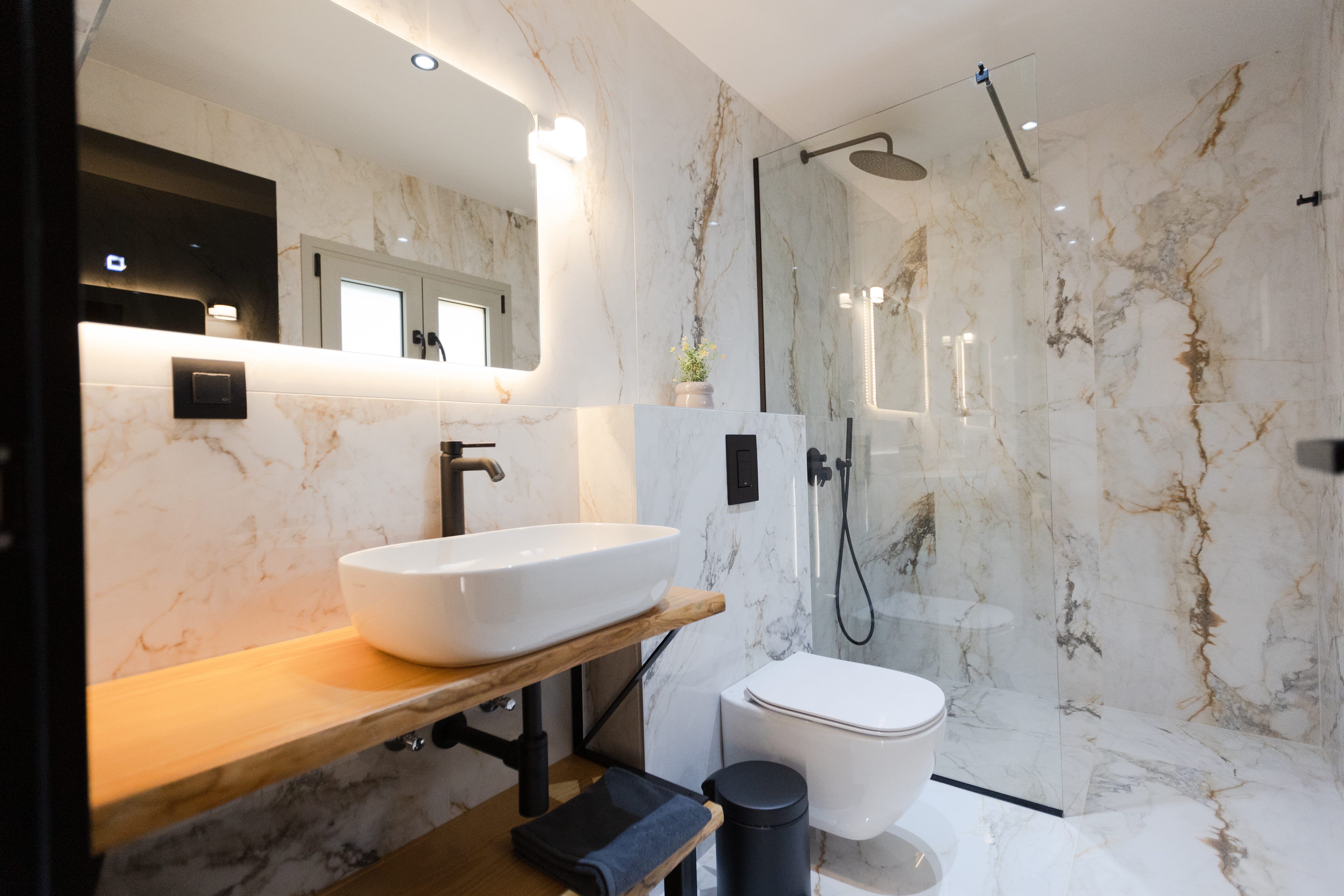 Warm marble en-suite bathroom at 3 bedroom luxury villa Lefkada