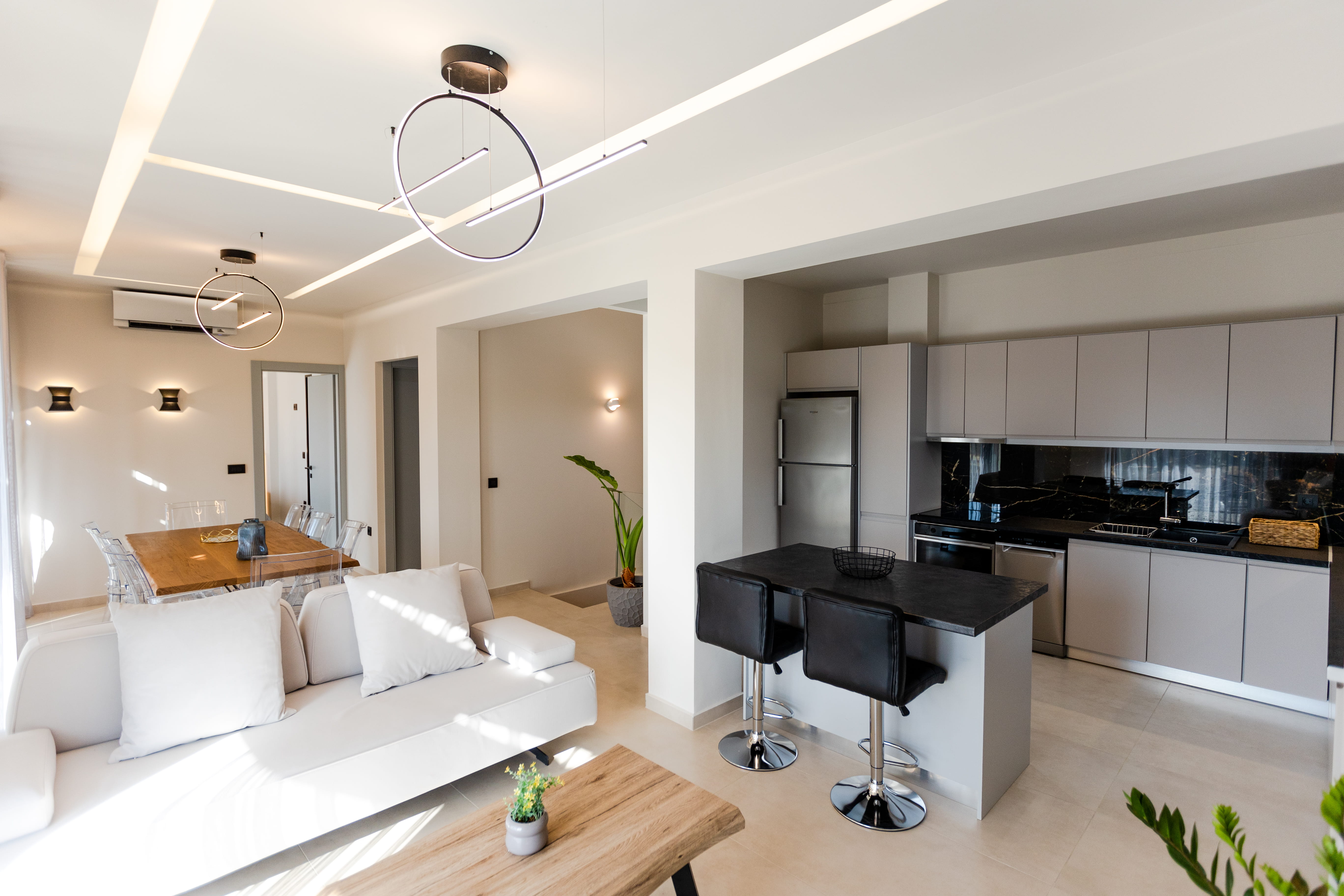 Open plan living and kitchen area at 4 bedroom Infinity Lefkas villa